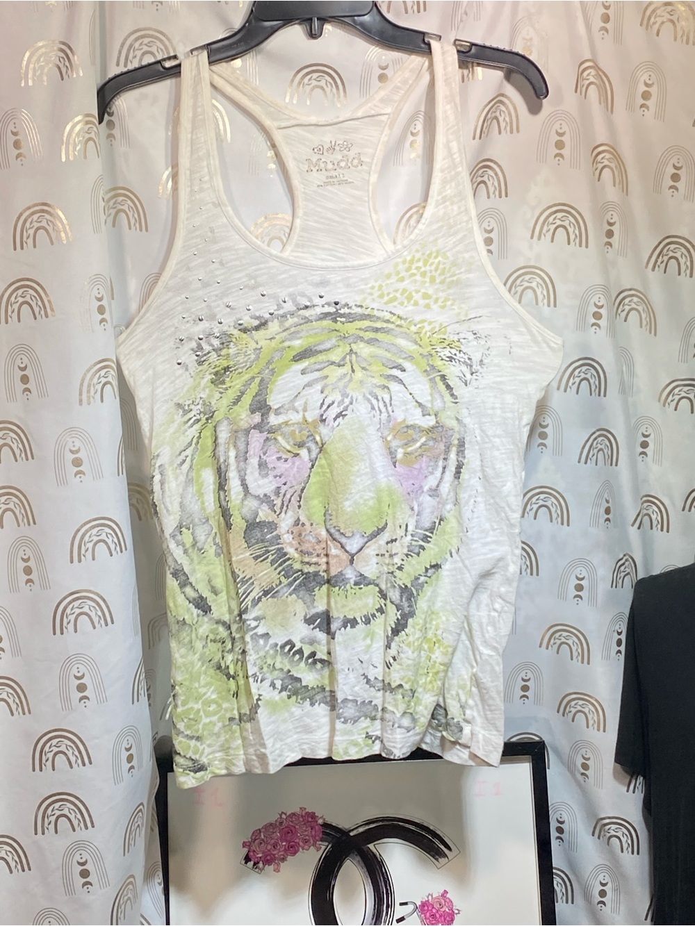 Mudd White Tank with Pastel Tiger and Rhinestone Detail